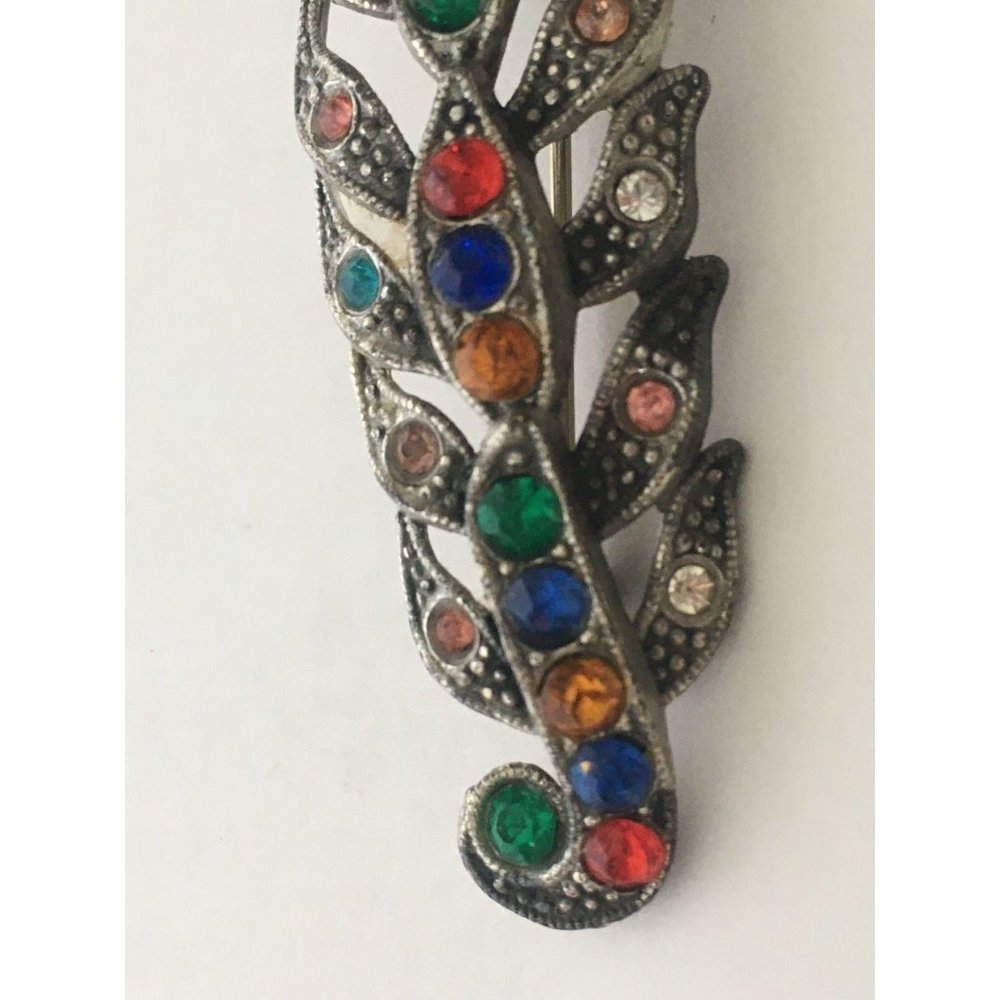 Little Nemo Feather Colored Rhinestone Brooch Pin Art Nouveau Vtg Jewelry Signed - Picture 3 of 9
